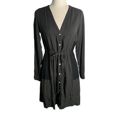 Gap Button Down Long Sleeve Dress 4 Grey V Neck Pockets Drawstring Tie Waist