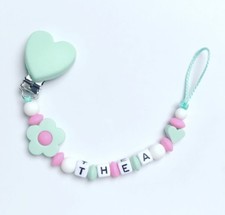 Catenella Ciuccio Fiocco Nuckelkette Beißkette con Nome Rosa Verde Menta