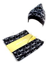 New MICHAEL KORS Charcoal Diamond MK Metallic Logo 2 Pc Hat  Scarf Set MSRP 98