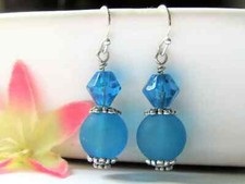 Blue Sea Glass Silver Dangle Earrings-Beach Dangles-Gift For Beach Lover-Gift
