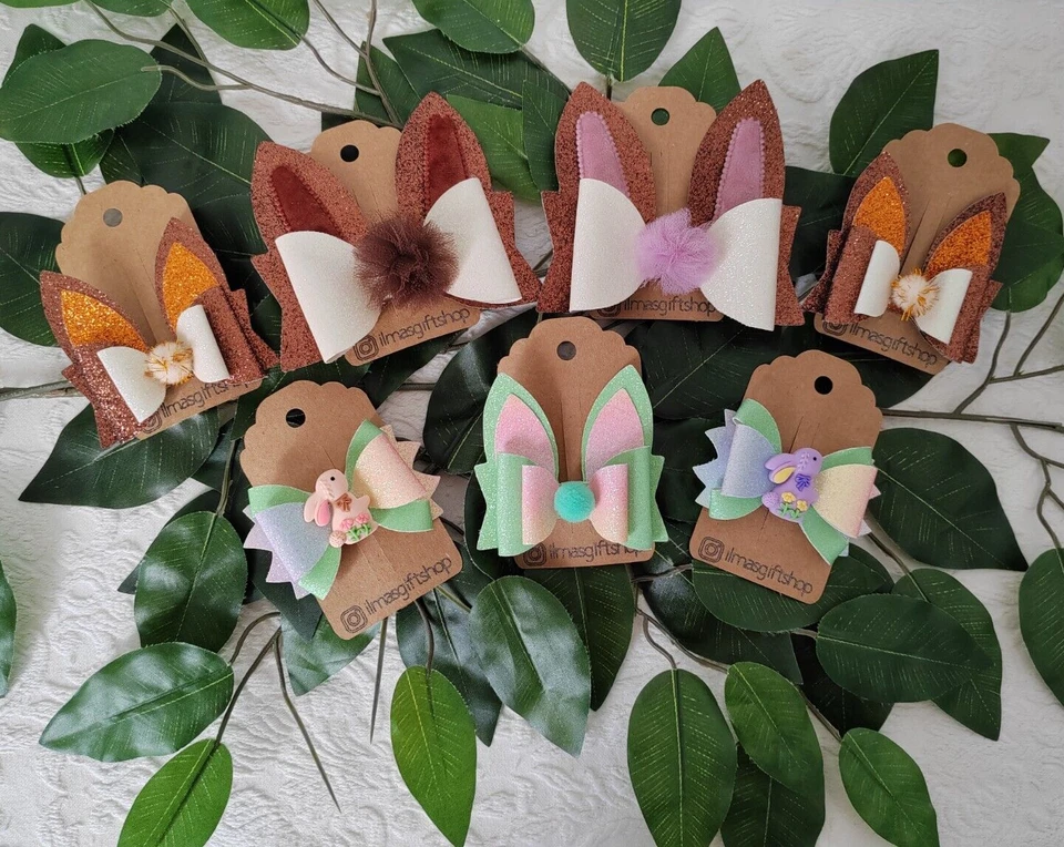 Handmade 3" 4" Easter Bunny Glitter Leather Brown Rainbow Hair Clip Bow Bobble - Image 2 of 3