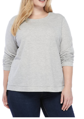 New Directions 2X Top High Low L/S French Terry Lace back Hem Gray
