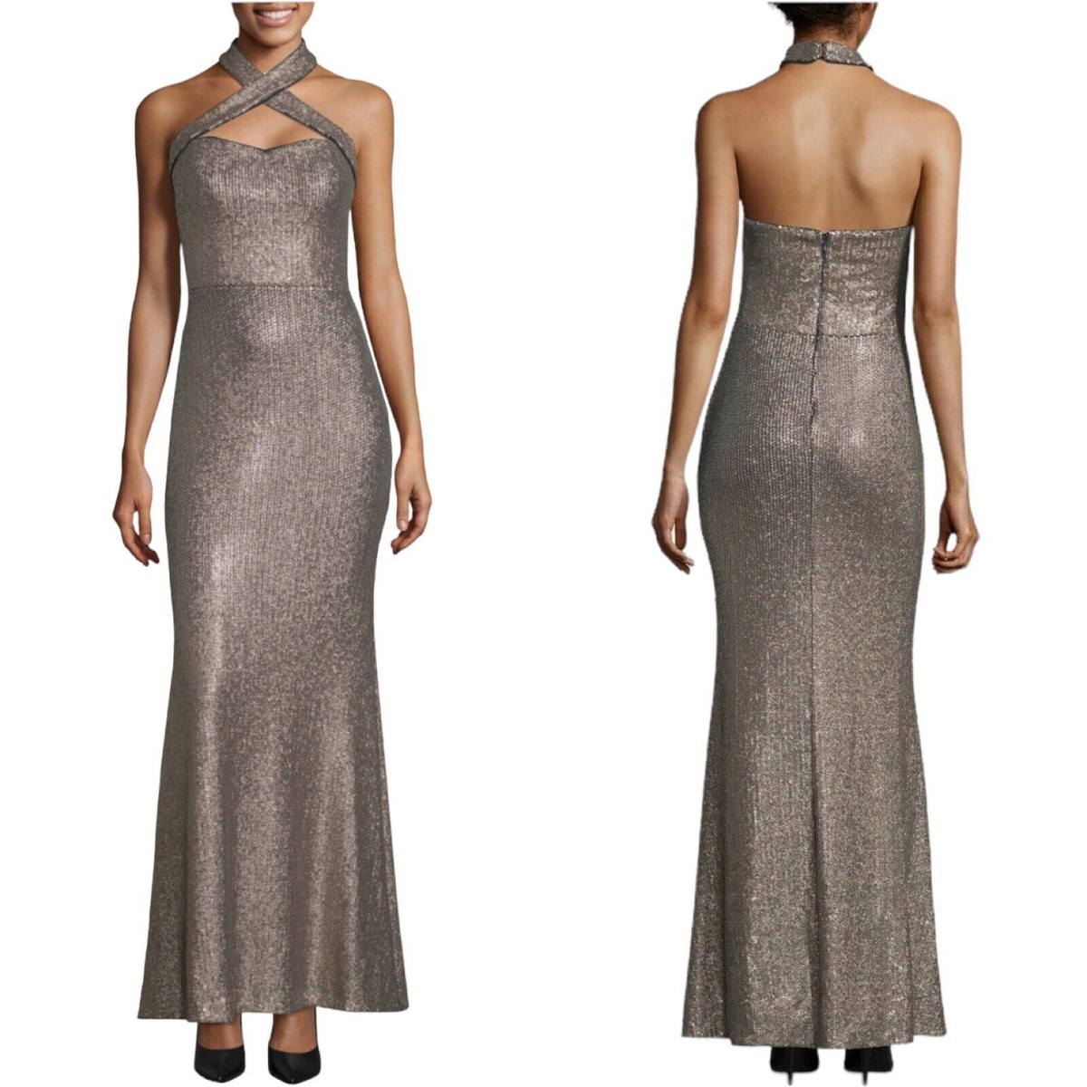 Xscape Gold Sequined Halter Neck Formal Evening Cocktail Dress Gown Size 4  | eBay