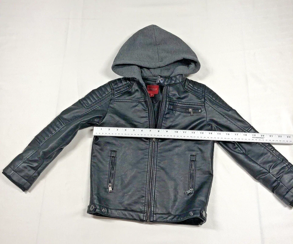 Autêntica Jaqueta de Couro Sintético Guess Youth Boys Tamanho 6 Preta Motociclista Bombardeiro Capuz Cinza - Imagem 4 de 4