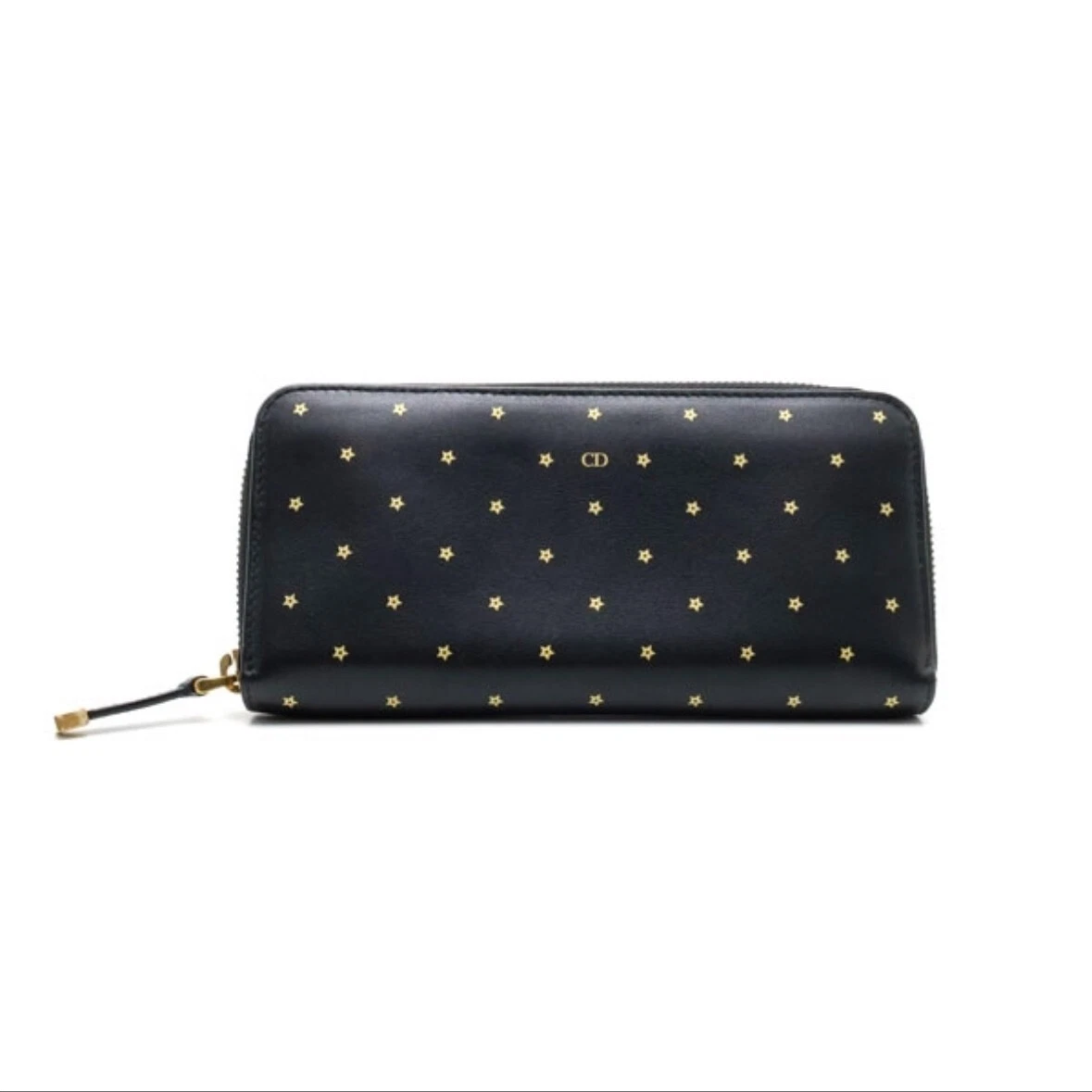 Portefeuille long Christian Dior rond zippé collection étoiles cuir noir WB authentique