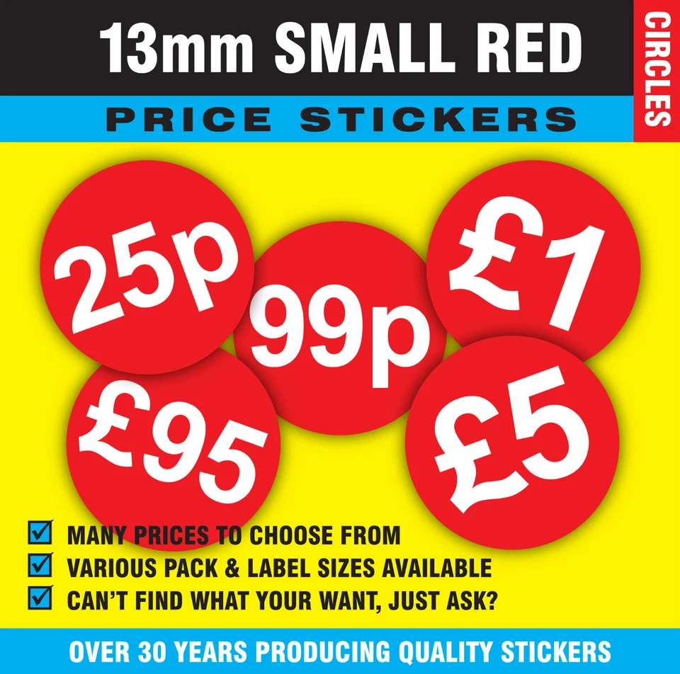 13mm Bright Red Price Point Stickers / Sticky Labels / Swing Tag Labels £1 - £11