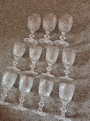 Vintage Crystal Glass Set - 8 Small Cherry Glasses And 3 Small Wine Glasses