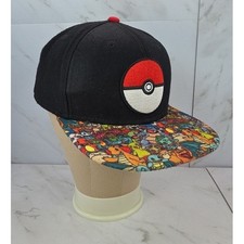 Pokemon Snapback Hat Black Multi Character Print Pokeball Patch Cap