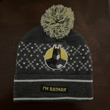 NEW Batman Gray  Yellow Pom Cuffed I'M BATMAN Beanie Youth OSFM