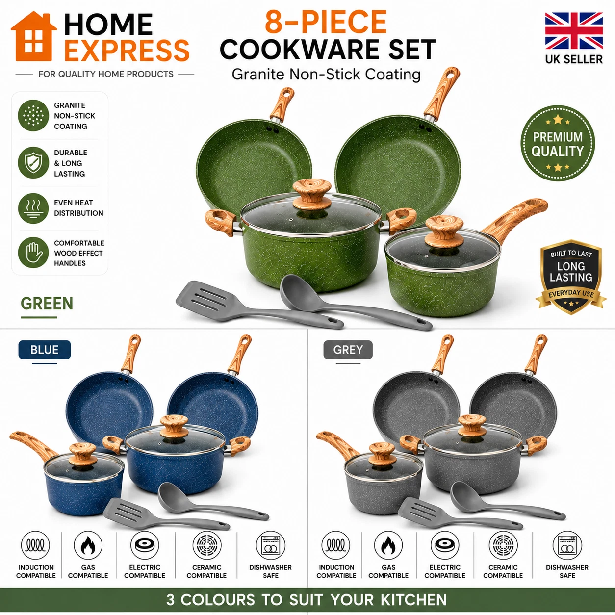 8 PCS Kitchen Cookware Set Non-Stick Granite Pots and Sauce Pans Set Induction