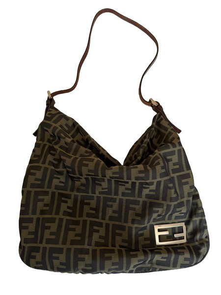 Fendi Zucca Mama Bucket Canvas Shoulder Bag, Brown Leather Strap and silver FF