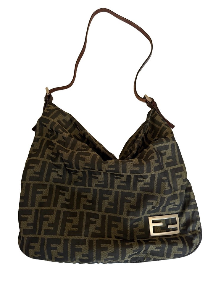 Fendi Zucca Mama Bucket Canvas Shoulder Bag, Brown Leather Strap and silver FF