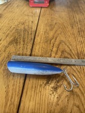 wooden striper popper Blue Wht with brand new Mustad 2/0 hooks 4” length 1.0 oz