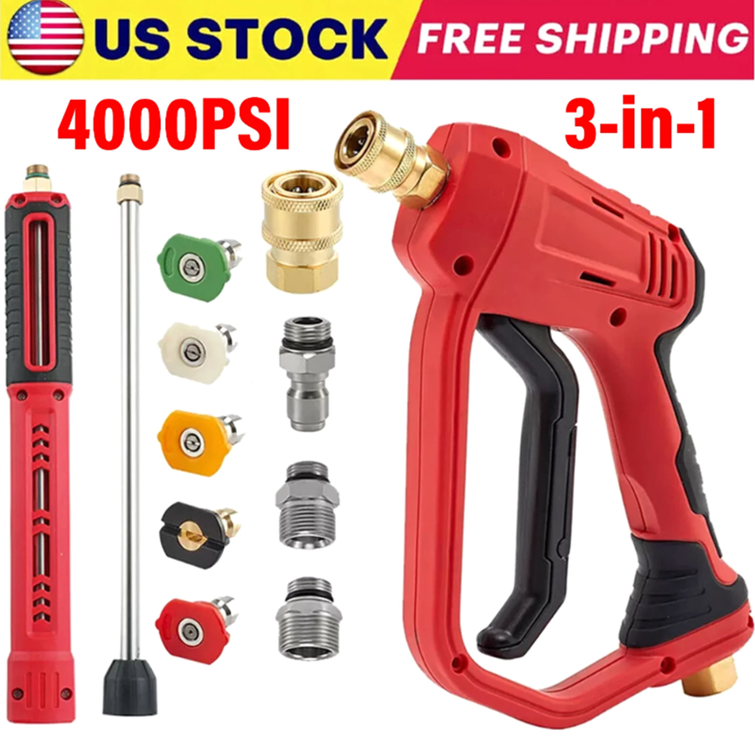 High Pressure 4000PSI Car Power Washer Gun Spray Wand Lance Nozzle and Hose Kit