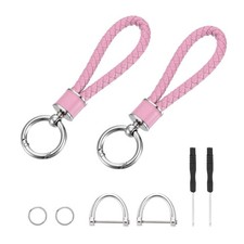 2 Pcs Weave Key Chain Ring Braided Rope Leather Keychain Pink 
