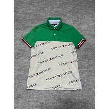 Tommy Hilfiger Men XS Green Grey Colorblock Logo Print Short Sleeve Polo Shirt
