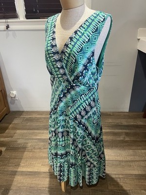 Rabbit Rabbit Sleeveless Fit & Flare Green Navy Ruffle V Neck Dress 14 Line Boho