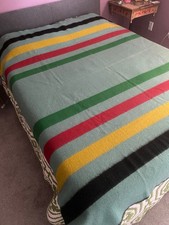 Vintage 100 Wool Blanket Stripe 78 X 84 Aqua Blue/Green
