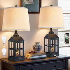 Rustic Farmhouse Table Lamps Set of 2 with USB Port  LED Bulbs