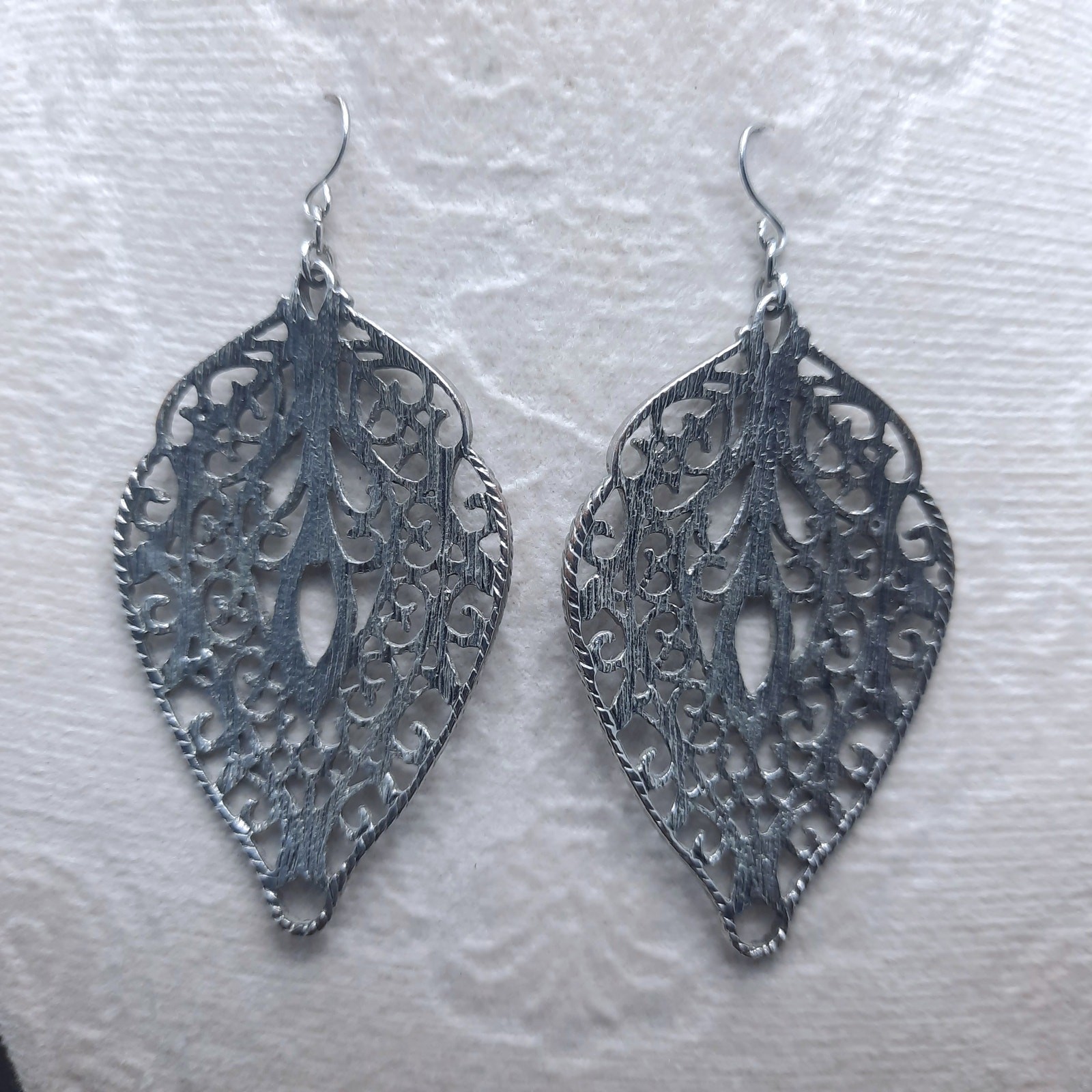 Filigree Large Leaf Earrings Statement Silver Ton… - image 5