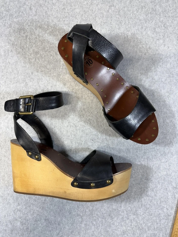 Zapatos ASH para mujer talla 10 sandalias de cuña con plataforma de cuero negro tacón de madera con tachuelas Foto 4 de 4