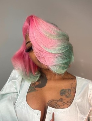 Ombre Pink to Light Green Bob Cut Wigs for Women 100% Human Hair Lace Front Wigs