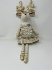 Reindeer Plush Doll Christmas Decor Deer with Gold Antlers Tweed Dress Bow