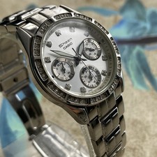 Casio Watch Ladies SHEEN Day Date 24h Steel Silver Dial Crystals 34mm Case