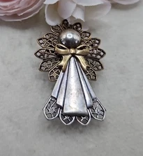 Vintage Kat's Creations Spoon Handle Angel  Pin Faux Pearl Signed Christmas