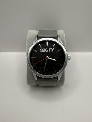 80 Eighty Mens Silver Stainless Steel Watch Grey Leather Band