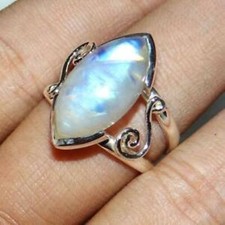 Handmade Rainbow Moonstone Ring Solid 925 Silver Women Boho Ring All Size SR739