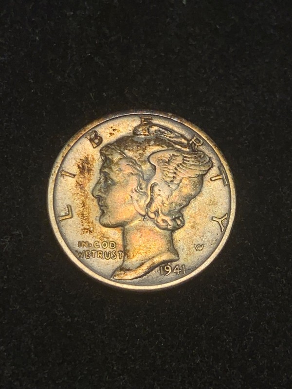 1941-P Silver Mercury Dime, Colorful Album Toning