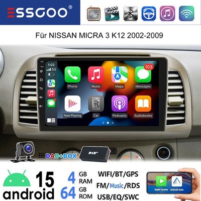 DAB 9'' Autoradio 4+64G Carplay Für NISSAN MICRA 2002-09 Android Navi WIFI Kamera