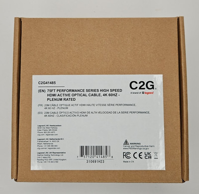 New C2G C2G41485 75ft High Speed HDMI Active Optical Cable Plenum Rated in Box