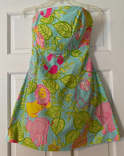Vtg LILLY PULITZER Dress Sz 8 Strapless Tie Back San Diego Zoo White Label Women