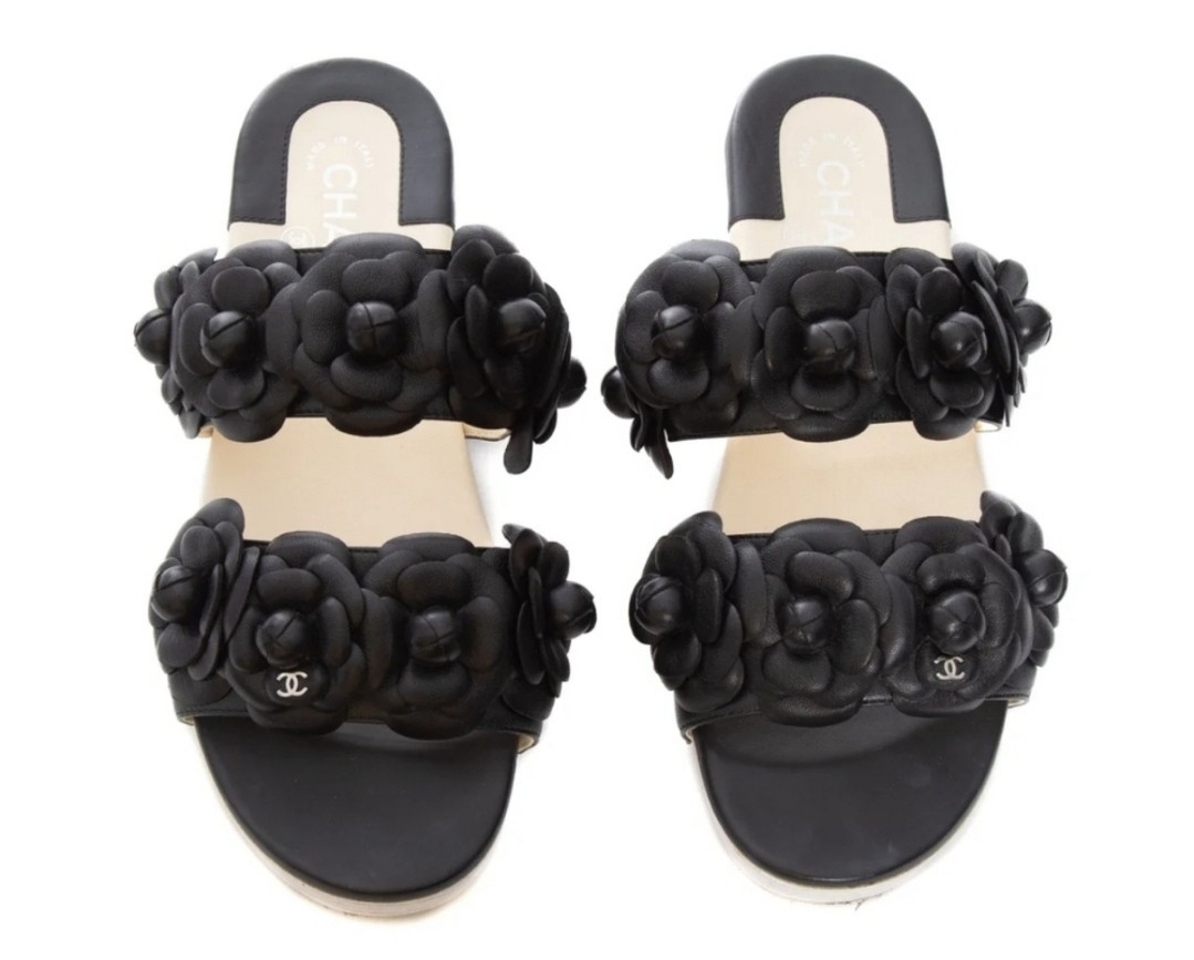 CHANEL Camellia Sandals Black CC Logo EU 39 Pre-Owned Japan