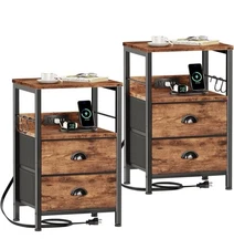 Furologee Nightstand Set of 2, Rustic Brown, with Charging Station and USB Ports