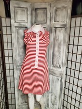 Vtg S 60s Mod Shift Dress Sleeveless Polyester Knit Sundress Red Stripe Pink