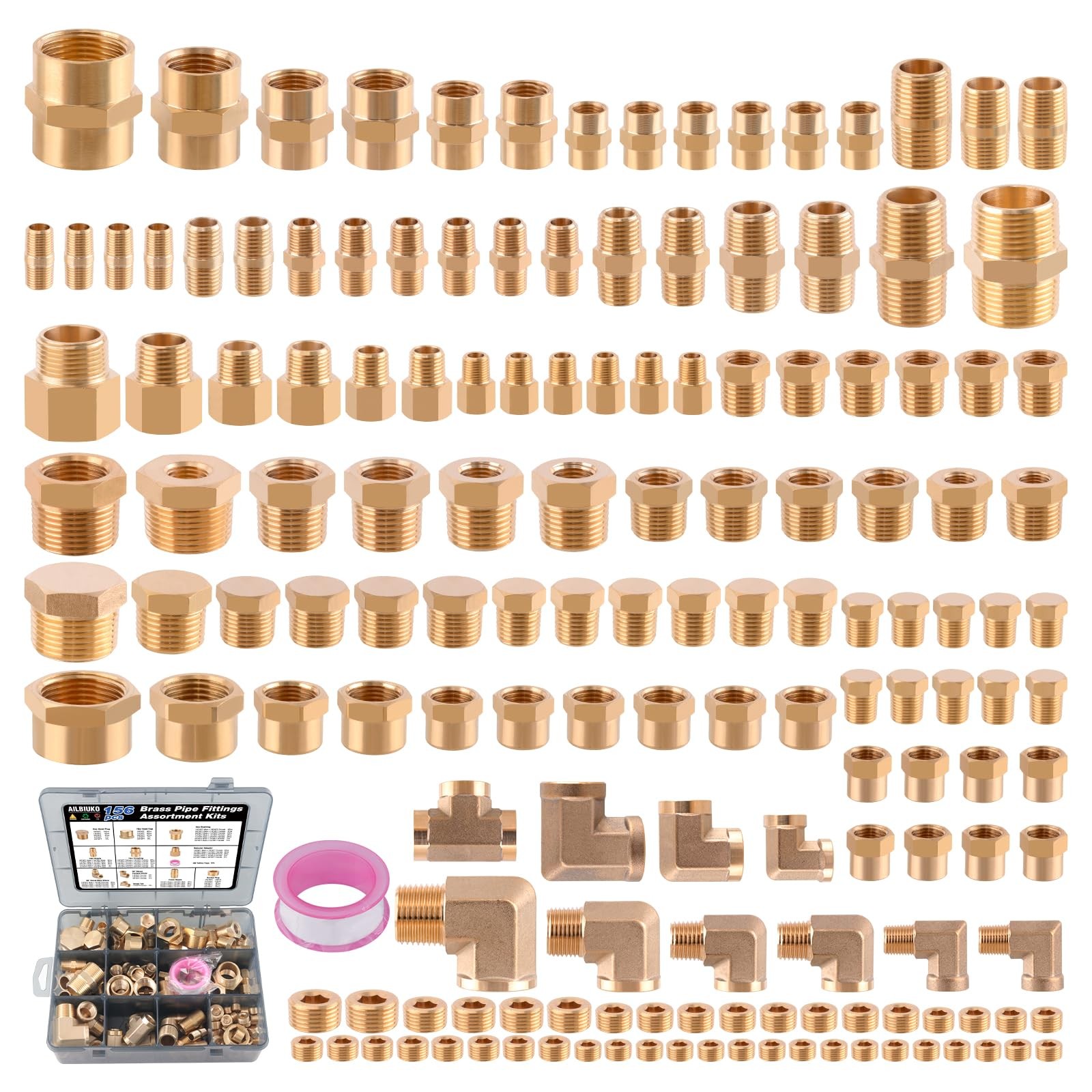 156pc Brass Pipe Fittings Kit 1/8" 1/4" 3/8" 1/2" 3/4" NPT Adapter Nipple Plug
