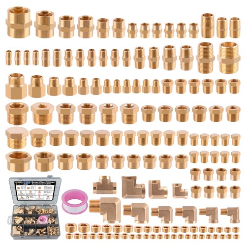 156pc Brass Pipe Fittings Kit 1/8" 1/4" 3/8" 1/2" 3/4" NPT Adapter Nipple Plug