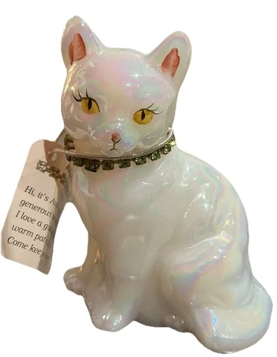 Vtg FENTON White Iridescent August Sitting Cat Figurine W/Green Collar Signed