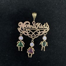 14K Solid Gold BIM Mother Kids Scrolling Necklace Pendant Charms 2 Girls Boy GB1