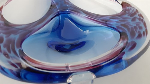 Granna Grasbruk Sweden art glass MCM leaf candy nut dish Blue red clear Crystal - Picture 5 of 14