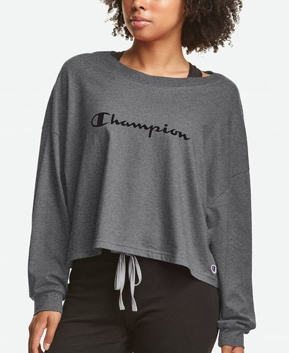 Camiseta gris S nueva con etiquetas Champion recortada manga larga salón dormir - Imagen 4 de 5