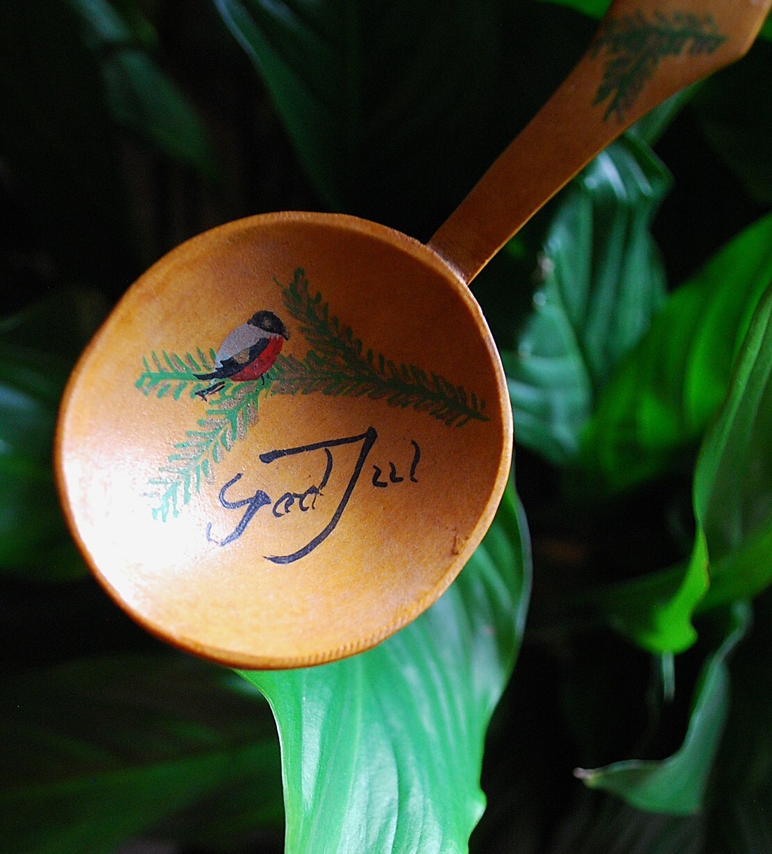 Antique Primitive HANDCARVED WOODEN SPOON Birds/Spruce GOD JUL Swedish Christmas