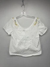 Shein Womens Top White 0XL Cotton Boatneck Curve Floral Shirt Blouse Cap Sleeve