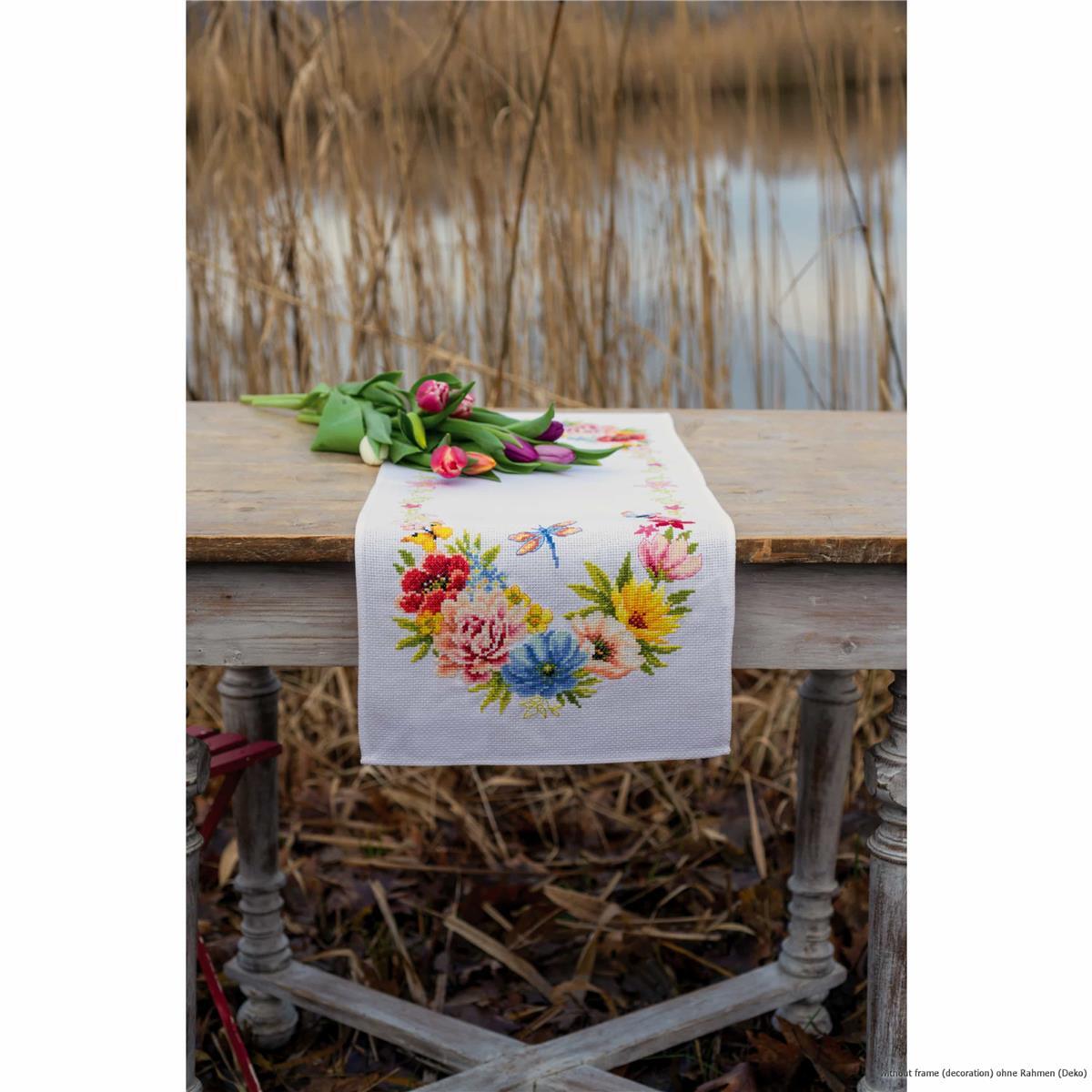 Vervaco table runner cross stitch kit ""Colourful flowers"", counted, DIY