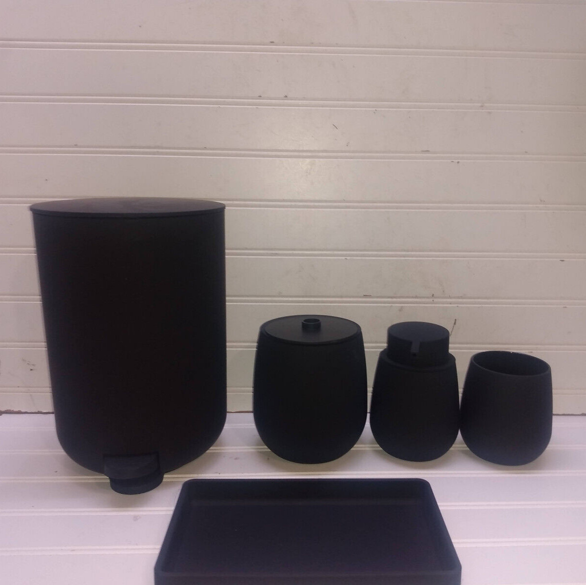 Black Plastic Bathroom Trash Soap Tray & Dispenser Tooth Brush Shave Cup