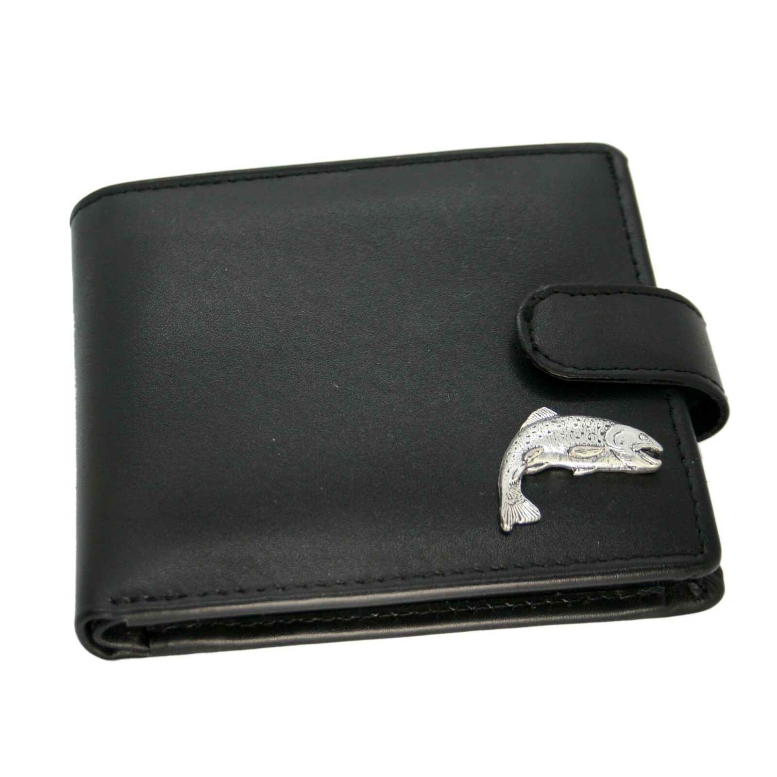Genuine Black Leather Wallet with a Pewter Leaping Salmon Fish Emblem