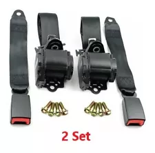 2 Retractable 3 Point Safety Black Seat Belt Straps Vehicle Adjustable Belt Kit